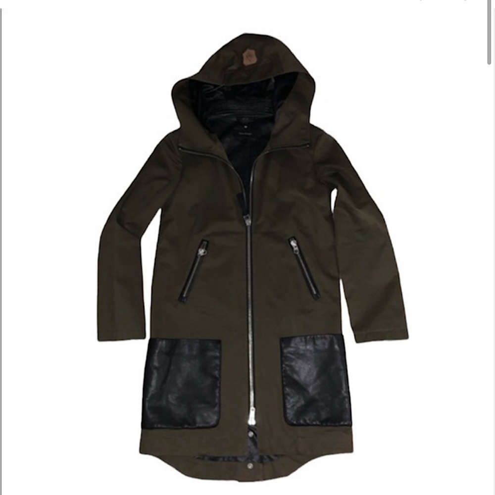 Olive Hooded Long Coat with Leather Trim